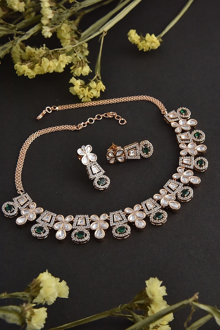 Rose Gold Finish Green Kundan Polki Necklace Set In Sterling Silver by Swabhimann Jewellery at Pernia's Pop Up Shop