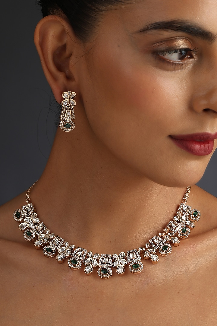 Rose Gold Finish Green Kundan Polki Necklace Set In Sterling Silver by Swabhimann Jewellery at Pernia's Pop Up Shop