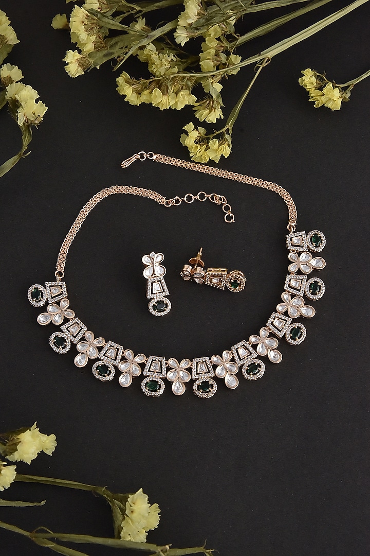 Rose Gold Finish Green Kundan Polki Necklace Set In Sterling Silver by Swabhimann Jewellery at Pernia's Pop Up Shop