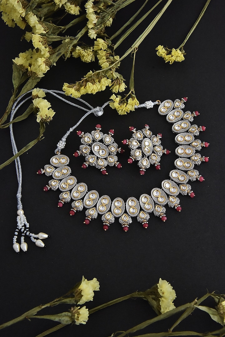 White Finish Pink Kundan Polki Necklace Set In Sterling Silver by Swabhimann Jewellery at Pernia's Pop Up Shop