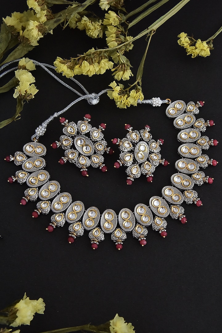 White Finish Pink Kundan Polki Necklace Set In Sterling Silver by Swabhimann Jewellery at Pernia's Pop Up Shop
