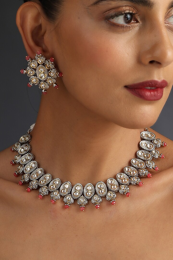 White Finish Pink Kundan Polki Necklace Set In Sterling Silver by Swabhimann Jewellery at Pernia's Pop Up Shop