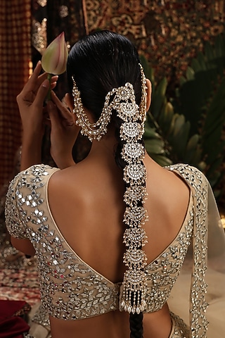 Gold Finish Kundan Polki Hair Braid Pin by Swabhimann Jewellery