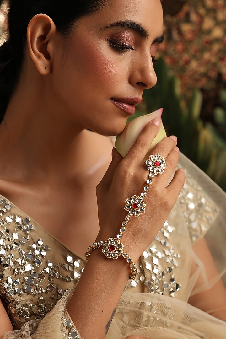 Gold Finish Kundan Polki & Red Stone Haathphool by Swabhimann Jewellery at Pernia's Pop Up Shop