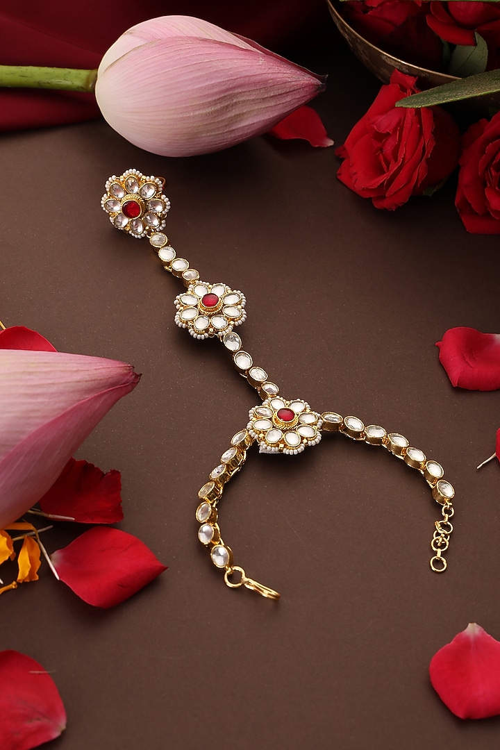 Gold Finish Kundan Polki & Red Stone Haathphool by Swabhimann Jewellery at Pernia's Pop Up Shop