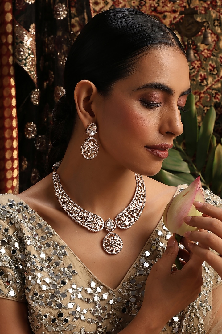 Rose Gold Finish Kundan Polki Necklace Set by Swabhimann Jewellery at Pernia's Pop Up Shop
