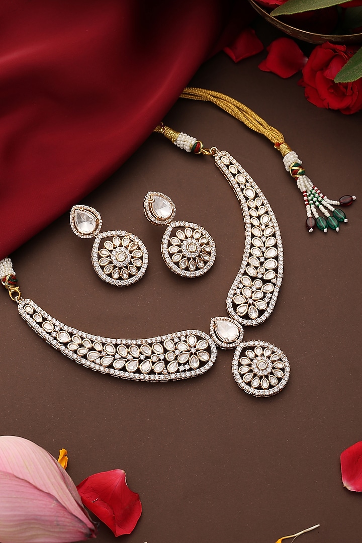 Rose Gold Finish Kundan Polki Necklace Set by Swabhimann Jewellery at Pernia's Pop Up Shop