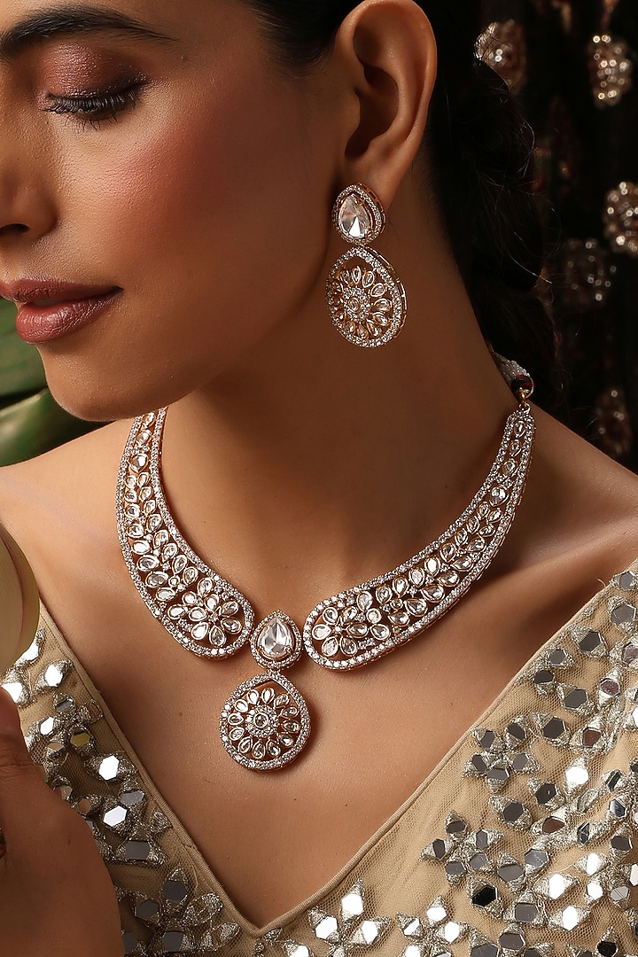 Rose Gold Finish Kundan Polki Necklace Set by Swabhimann Jewellery at Pernia's Pop Up Shop