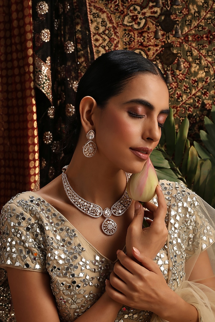 Rose Gold Finish Kundan Polki Necklace Set by Swabhimann Jewellery at Pernia's Pop Up Shop