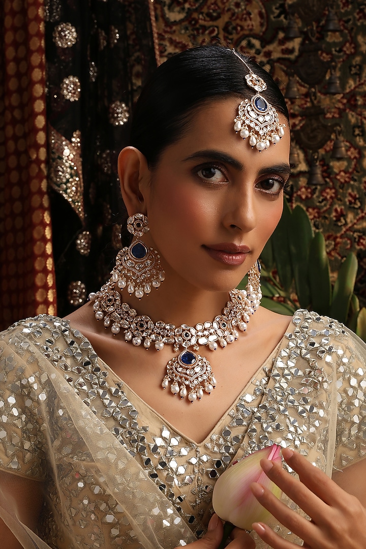 Rose Gold Finish Kundan Polki & Blue Stone Necklace Set by Swabhimann Jewellery at Pernia's Pop Up Shop