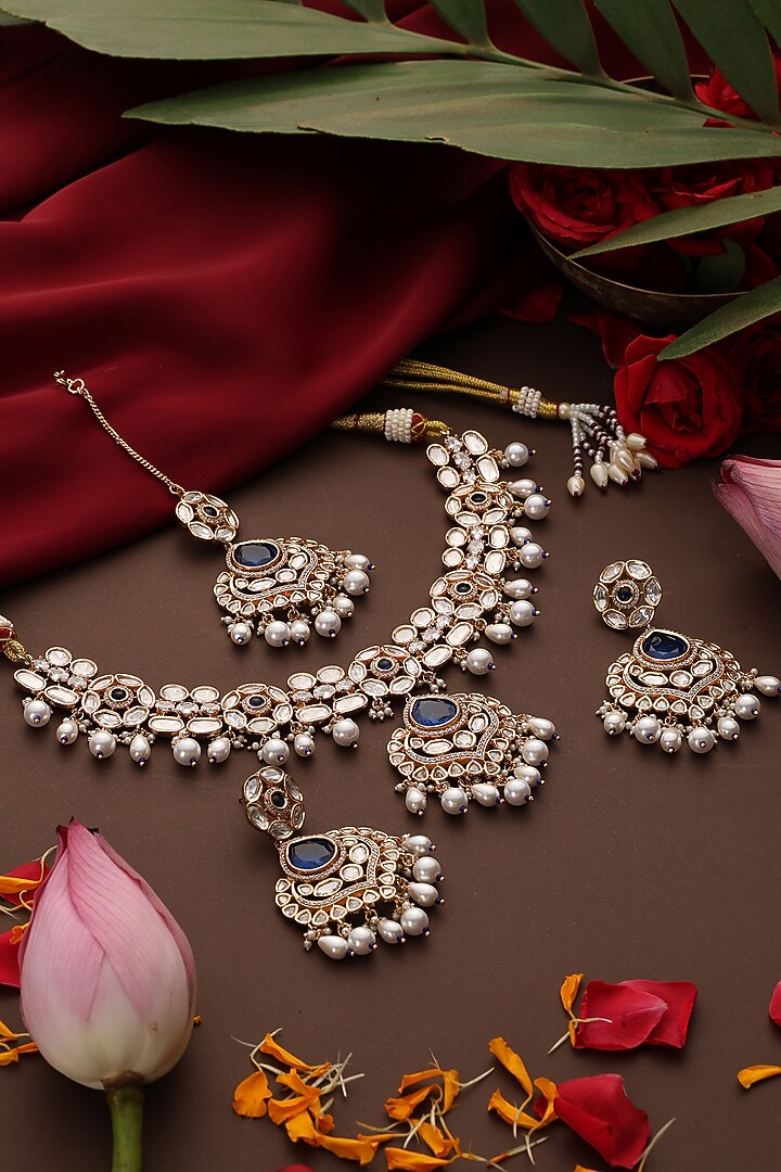 Rose Gold Finish Kundan Polki & Blue Stone Necklace Set by Swabhimann Jewellery at Pernia's Pop Up Shop