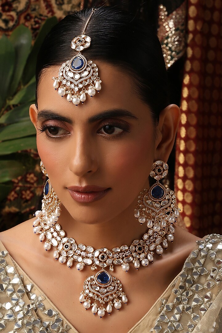 Rose Gold Finish Kundan Polki & Blue Stone Necklace Set by Swabhimann Jewellery at Pernia's Pop Up Shop