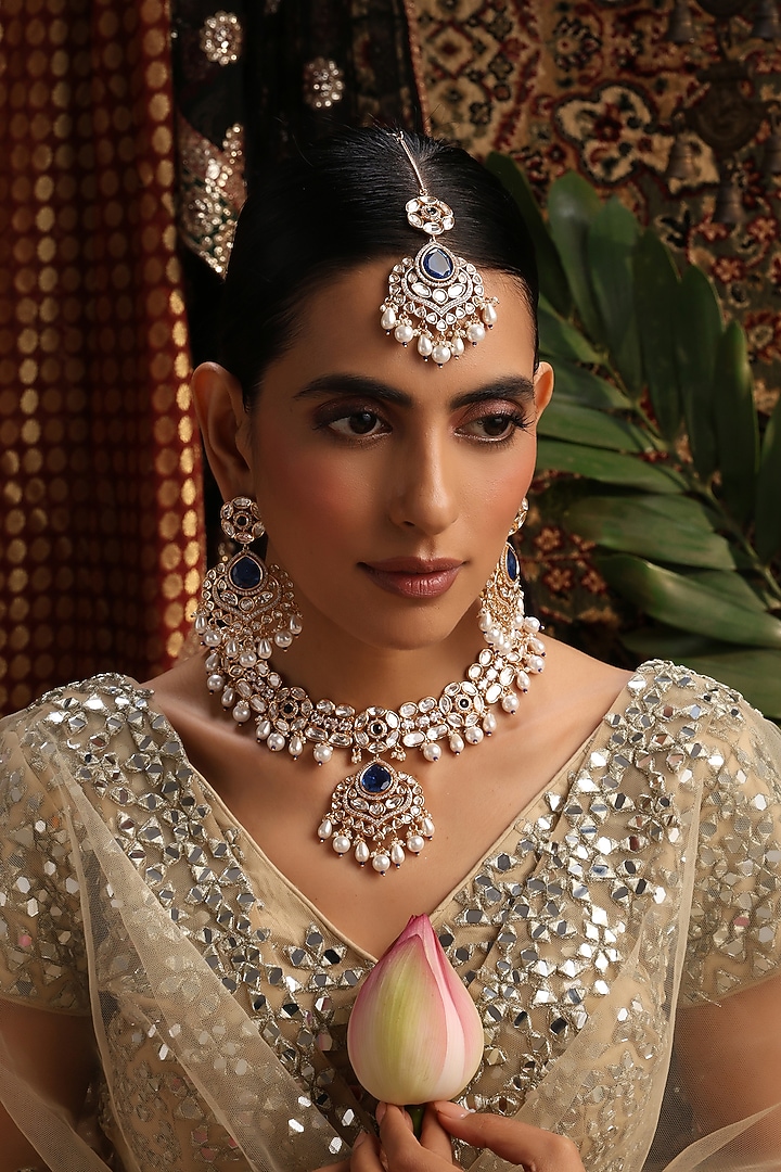 Rose Gold Finish Kundan Polki & Blue Stone Necklace Set by Swabhimann Jewellery at Pernia's Pop Up Shop