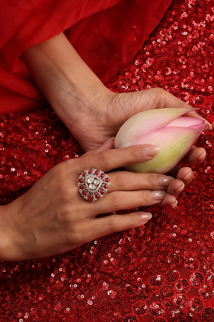 Rose Gold Finish Kundan Polki & Ruby Stone Ring by Swabhimann Jewellery at Pernia's Pop Up Shop