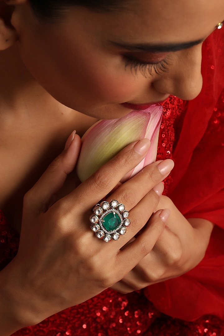 Gold Finish Kundan Polki & Emerald Ring by Swabhimann Jewellery at Pernia's Pop Up Shop