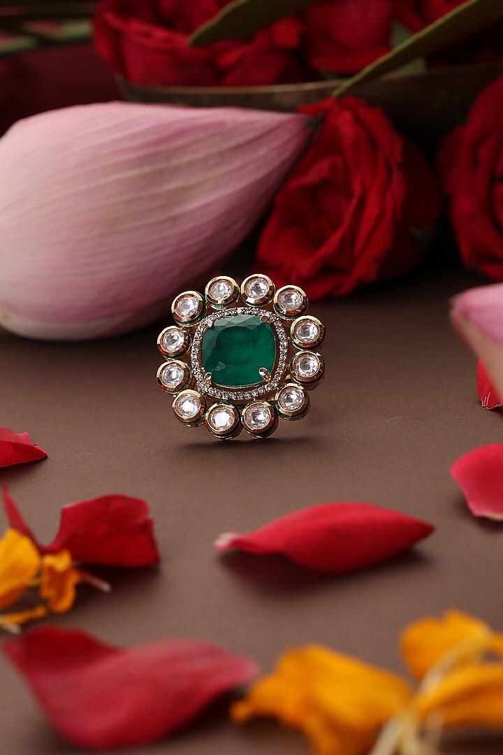Gold Finish Kundan Polki & Emerald Ring by Swabhimann Jewellery at Pernia's Pop Up Shop