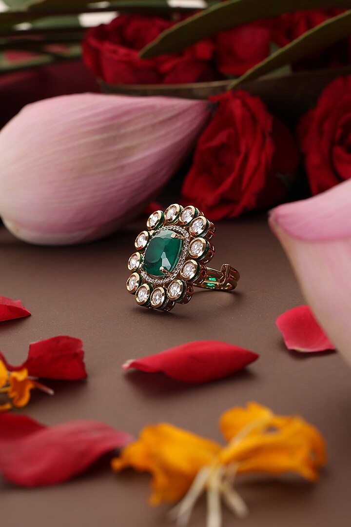 Gold Finish Kundan Polki & Emerald Ring by Swabhimann Jewellery at Pernia's Pop Up Shop