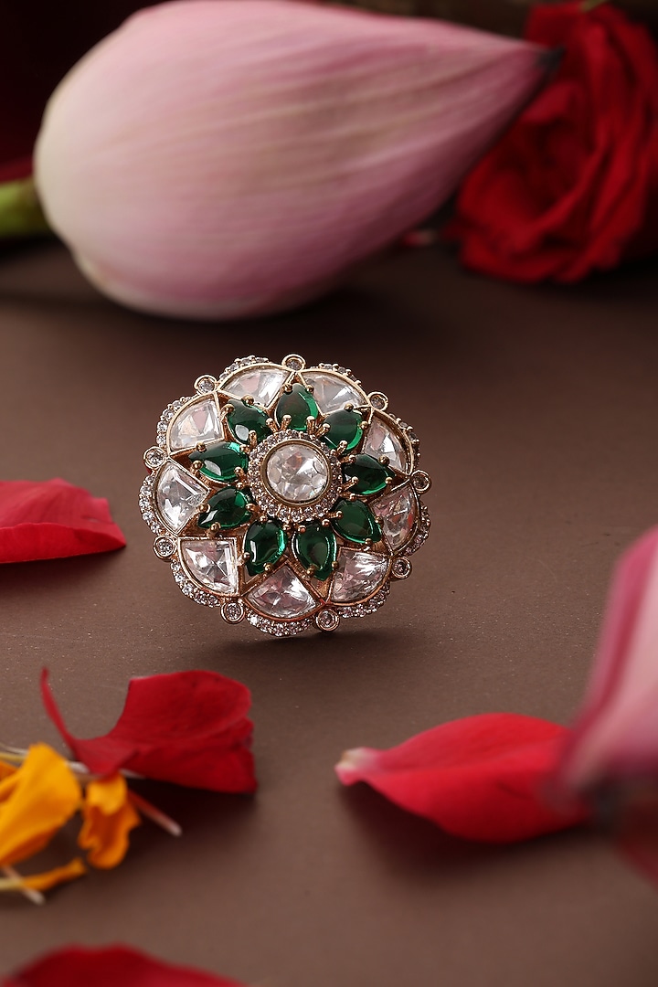Gold Finish Kundan Polki & Emerald Ring by Swabhimann Jewellery at Pernia's Pop Up Shop