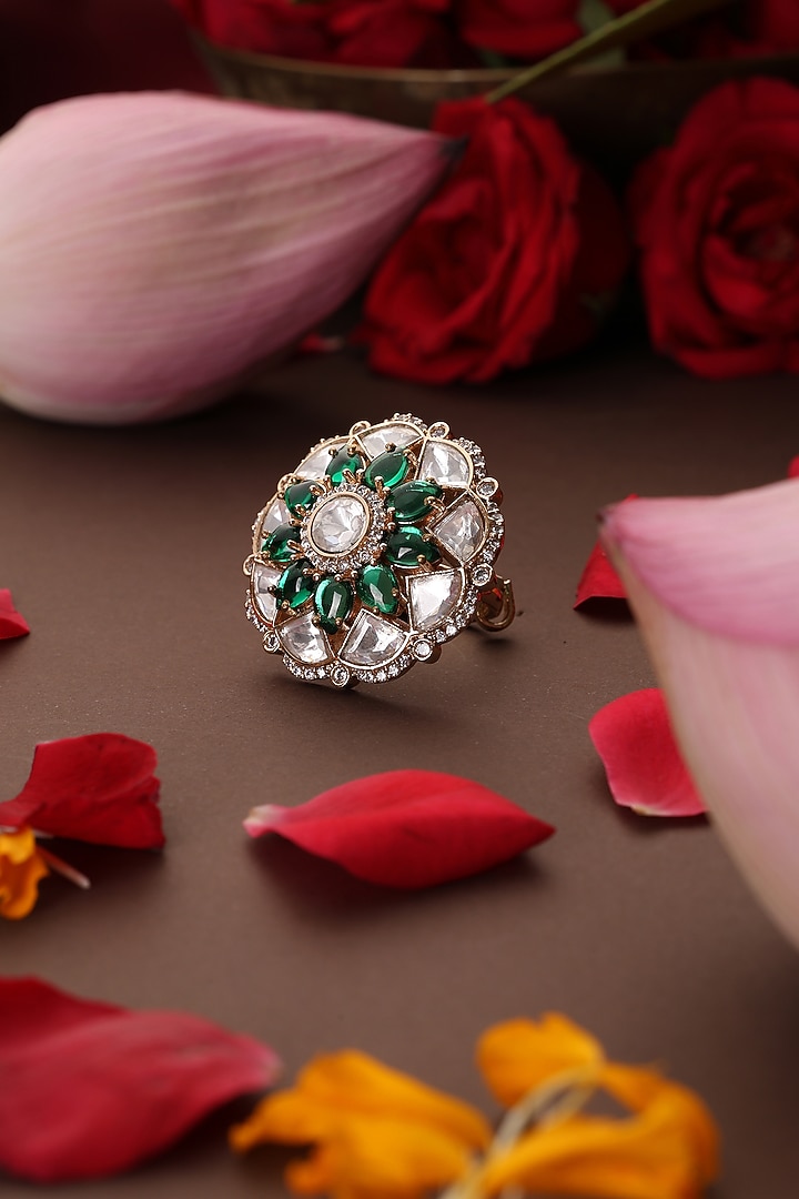 Gold Finish Kundan Polki & Emerald Ring by Swabhimann Jewellery at Pernia's Pop Up Shop