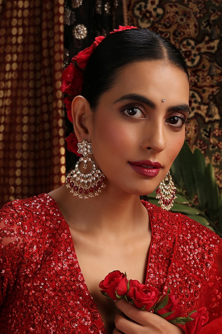 Gold Finish Kundan Polki & Red Stone Chandbali Earrings by Swabhimann Jewellery at Pernia's Pop Up Shop