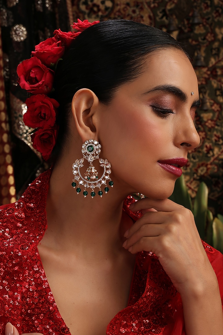 Rose Gold Finish Green Kundan Polki Chandbali Earrings by Swabhimann Jewellery at Pernia's Pop Up Shop