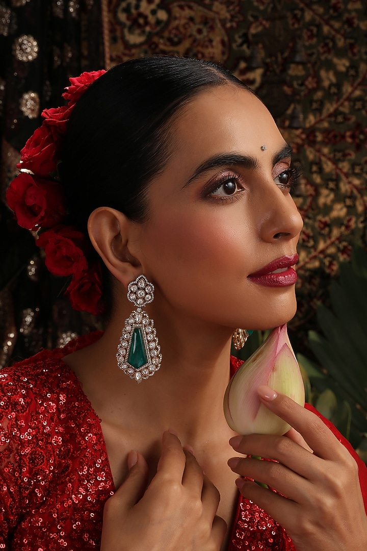 Rose Gold Finish Kundan Polki & Emerald Stone Dangler Earrings by Swabhimann Jewellery at Pernia's Pop Up Shop