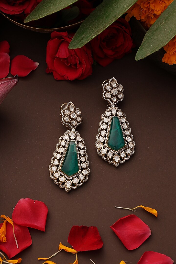 Rose Gold Finish Kundan Polki & Emerald Stone Dangler Earrings by Swabhimann Jewellery at Pernia's Pop Up Shop