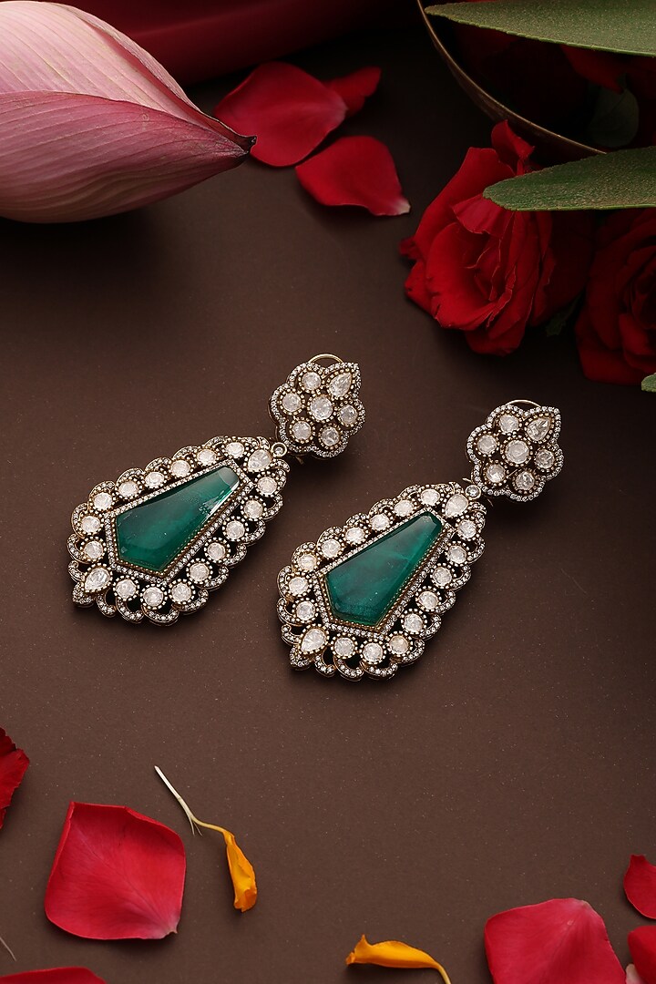 Rose Gold Finish Kundan Polki & Emerald Stone Dangler Earrings by Swabhimann Jewellery at Pernia's Pop Up Shop