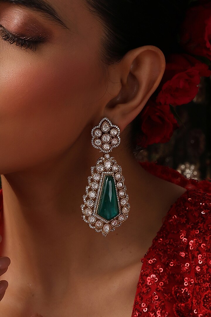 Rose Gold Finish Kundan Polki & Emerald Stone Dangler Earrings by Swabhimann Jewellery at Pernia's Pop Up Shop