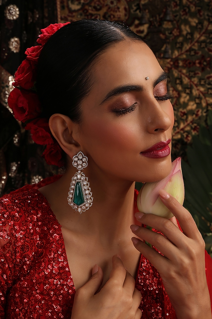 Rose Gold Finish Kundan Polki & Emerald Stone Dangler Earrings by Swabhimann Jewellery at Pernia's Pop Up Shop