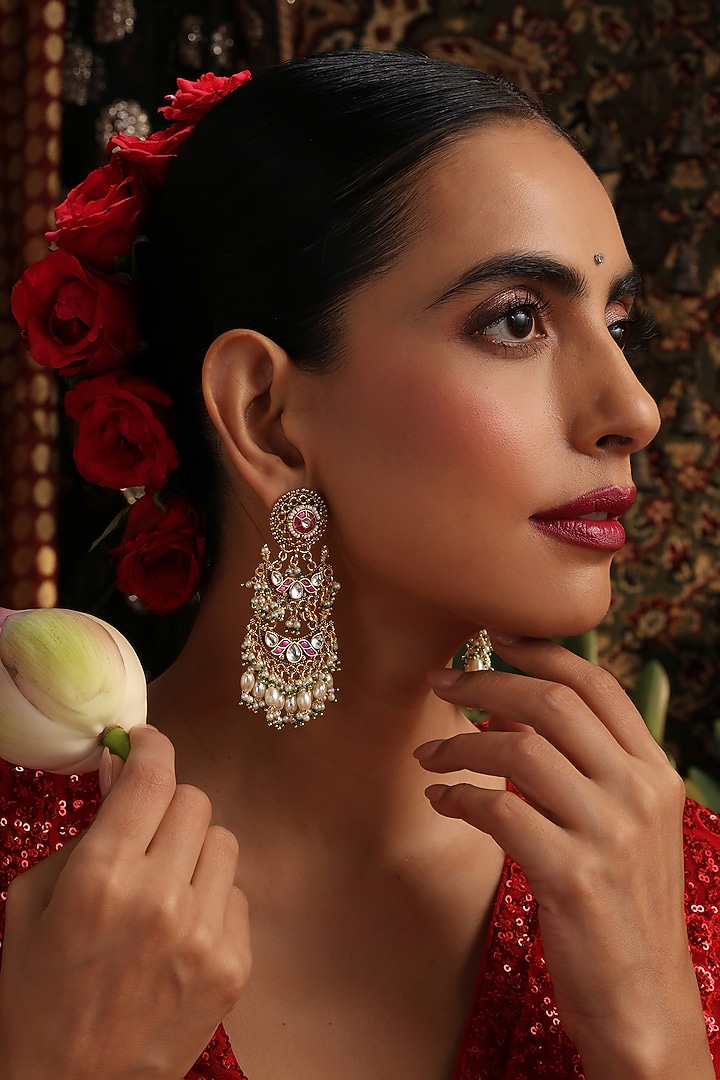 Gold Finish Red Kundan Polki Jadau Dangler Earrings by Swabhimann Jewellery at Pernia's Pop Up Shop