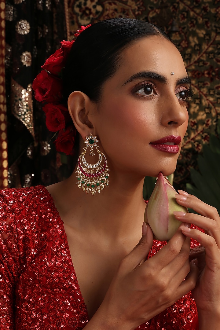 Gold Finish Red Kundan Polki Chandbali Earrings by Swabhimann Jewellery at Pernia's Pop Up Shop
