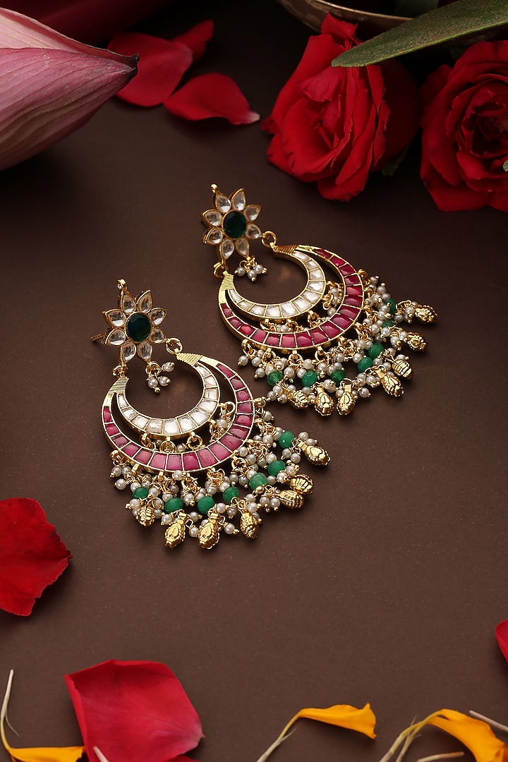 Gold Finish Red Kundan Polki Chandbali Earrings by Swabhimann Jewellery at Pernia's Pop Up Shop