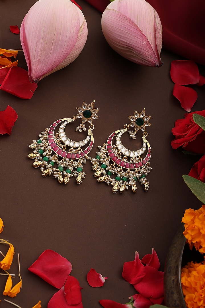 Gold Finish Red Kundan Polki Chandbali Earrings by Swabhimann Jewellery at Pernia's Pop Up Shop