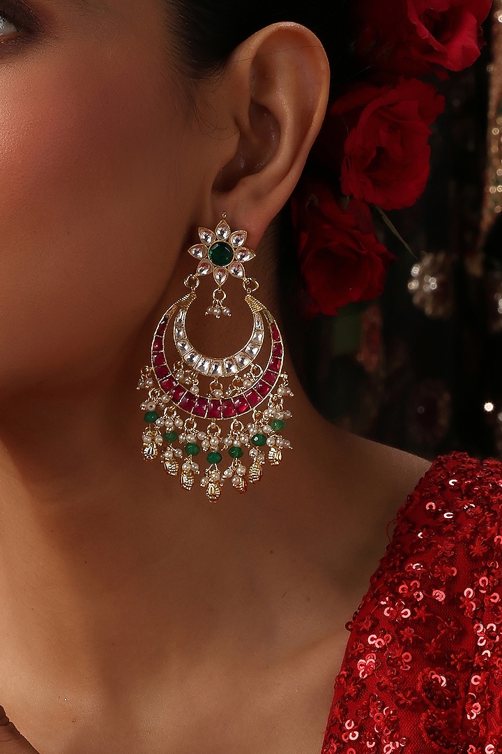 Gold Finish Red Kundan Polki Chandbali Earrings by Swabhimann Jewellery at Pernia's Pop Up Shop