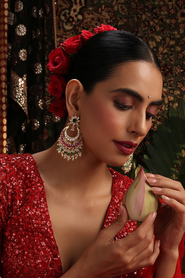 Gold Finish Red Kundan Polki Chandbali Earrings by Swabhimann Jewellery at Pernia's Pop Up Shop