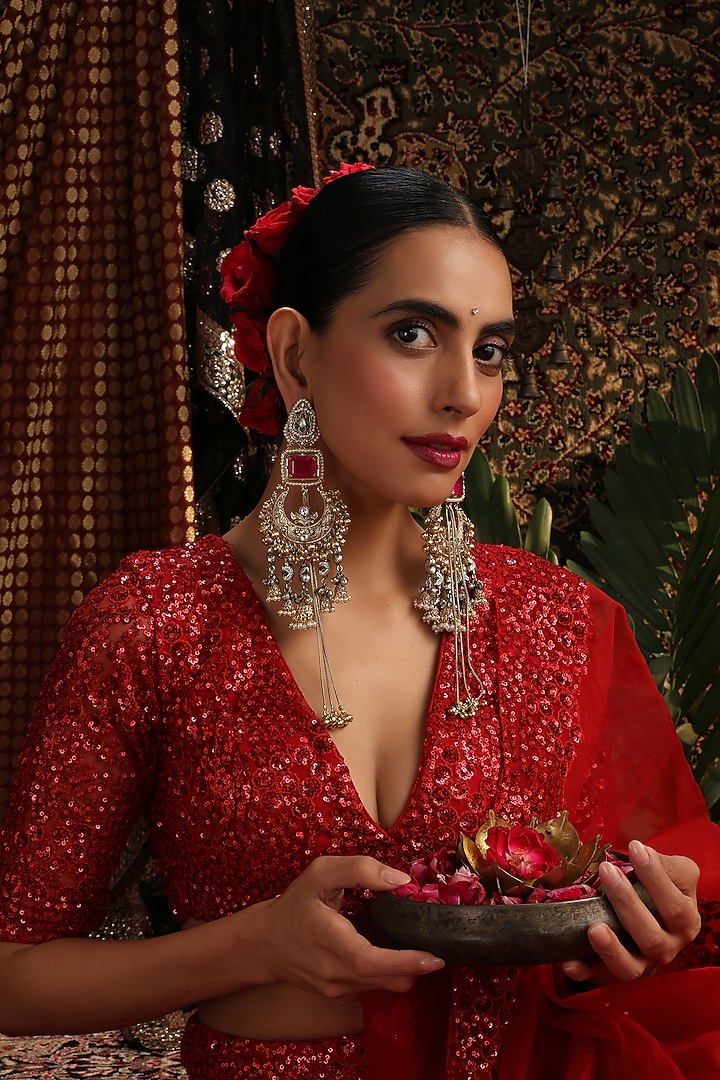 Gold Finish Kundan Polki & Rose Quartz Stone Chandbali Earrings by Swabhimann Jewellery at Pernia's Pop Up Shop