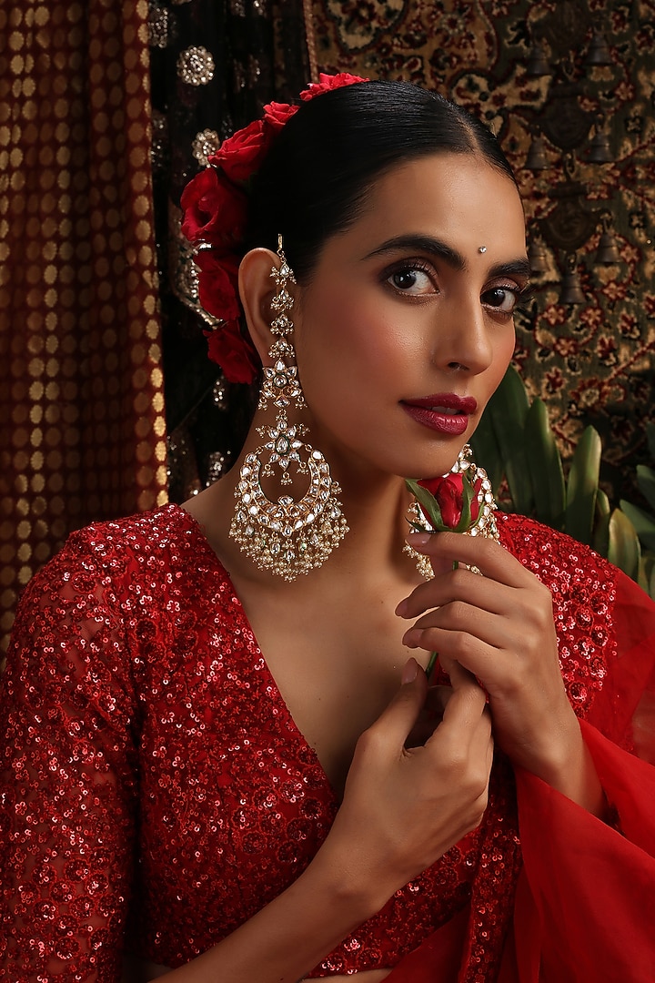 Gold Finish Kundan Polki Chandbali Earrings by Swabhimann Jewellery at Pernia's Pop Up Shop