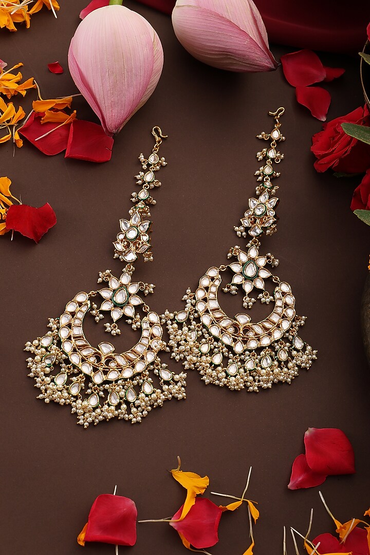 Gold Finish Kundan Polki Chandbali Earrings by Swabhimann Jewellery at Pernia's Pop Up Shop
