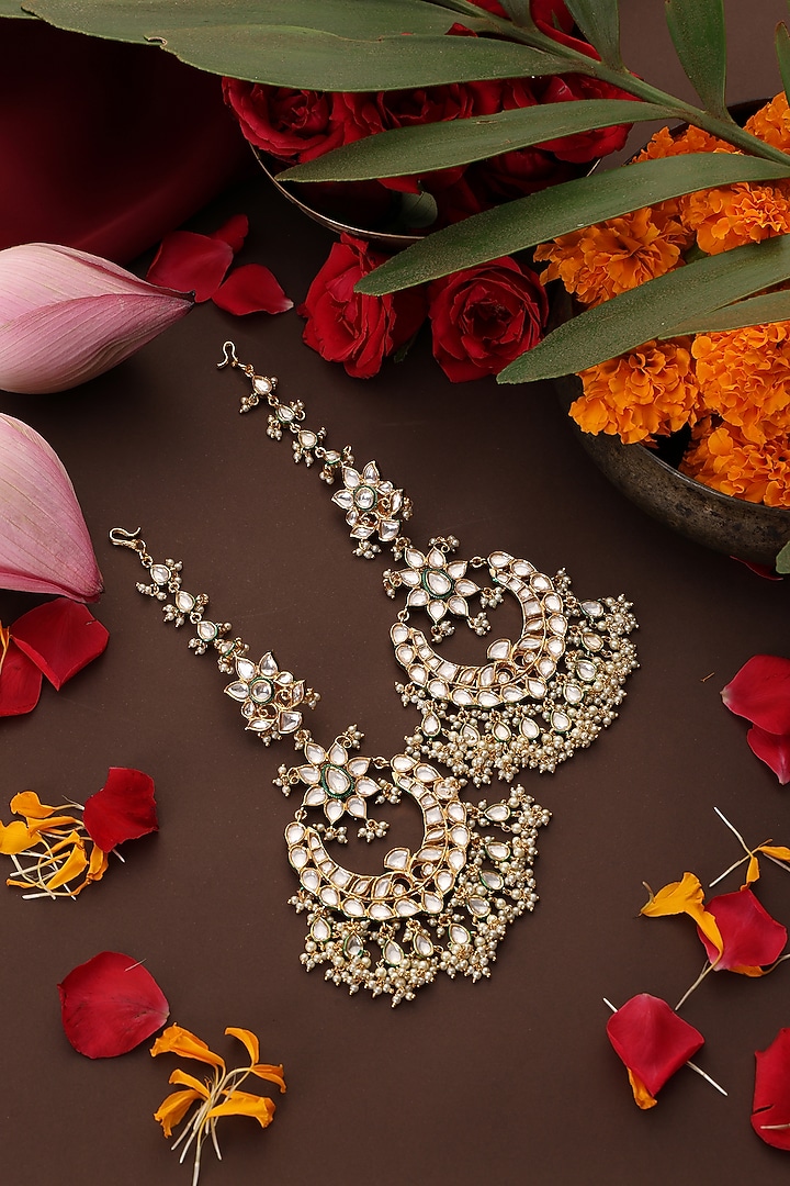 Gold Finish Kundan Polki Chandbali Earrings by Swabhimann Jewellery at Pernia's Pop Up Shop