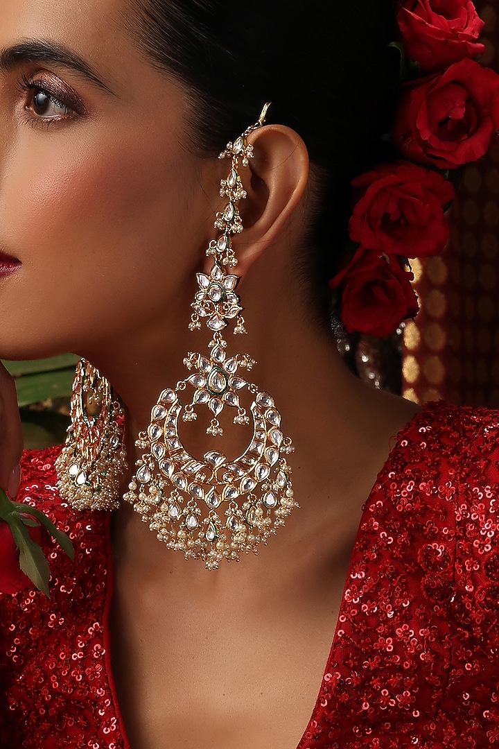 Gold Finish Kundan Polki Chandbali Earrings by Swabhimann Jewellery at Pernia's Pop Up Shop
