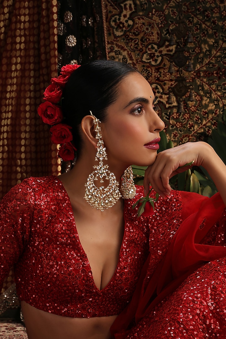 Gold Finish Kundan Polki Chandbali Earrings by Swabhimann Jewellery at Pernia's Pop Up Shop