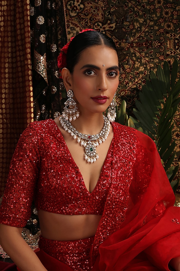 Gold Finish Kundan Polki & Emerald Stone Necklace Set by Swabhimann Jewellery at Pernia's Pop Up Shop