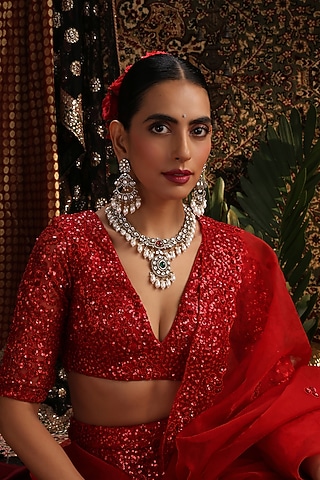 Gold Finish Kundan Polki & Emerald Stone Necklace Set by Swabhimann Jewellery