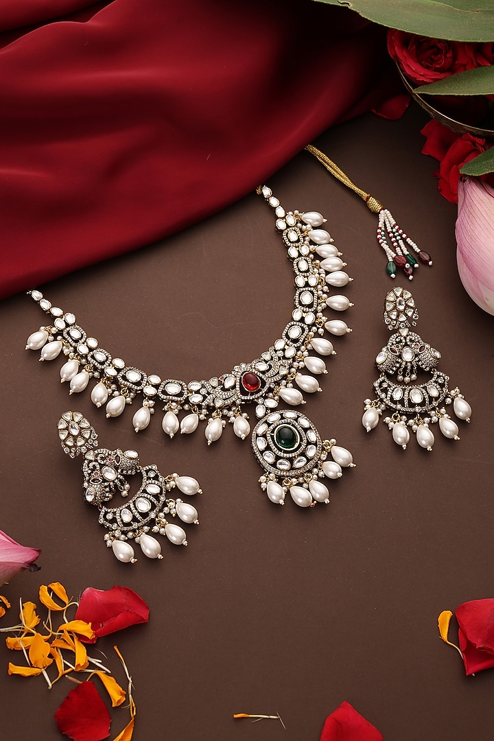 Gold Finish Kundan Polki & Emerald Stone Necklace Set by Swabhimann Jewellery at Pernia's Pop Up Shop