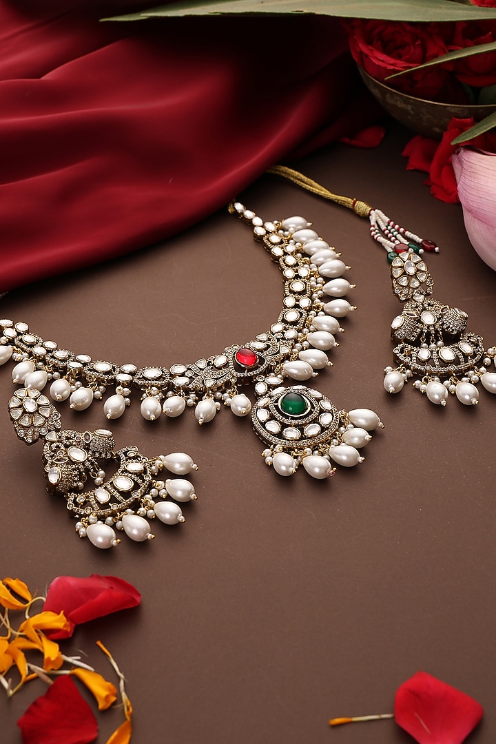 Gold Finish Kundan Polki & Emerald Stone Necklace Set by Swabhimann Jewellery at Pernia's Pop Up Shop