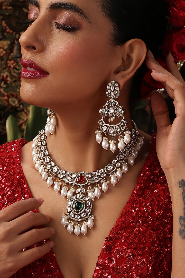 Gold Finish Kundan Polki & Emerald Stone Necklace Set by Swabhimann Jewellery at Pernia's Pop Up Shop