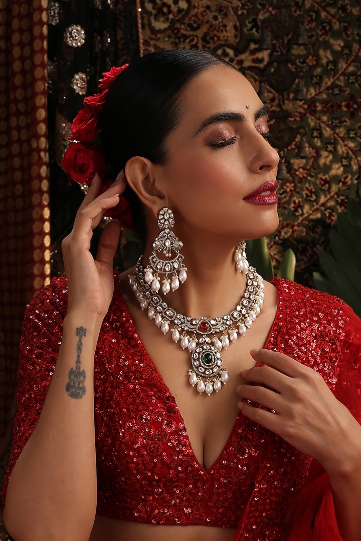 Gold Finish Kundan Polki & Emerald Stone Necklace Set by Swabhimann Jewellery at Pernia's Pop Up Shop