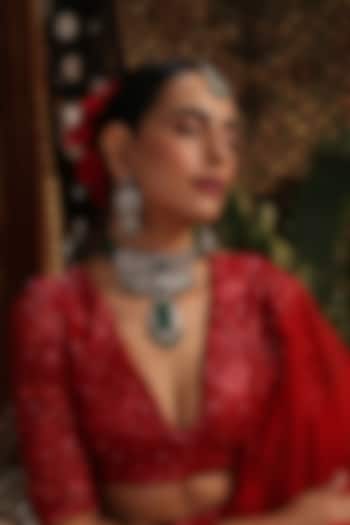 Rose Gold Finish Kundan Polki & Emerald Stone Choker Necklace Set by Swabhimann Jewellery at Pernia's Pop Up Shop