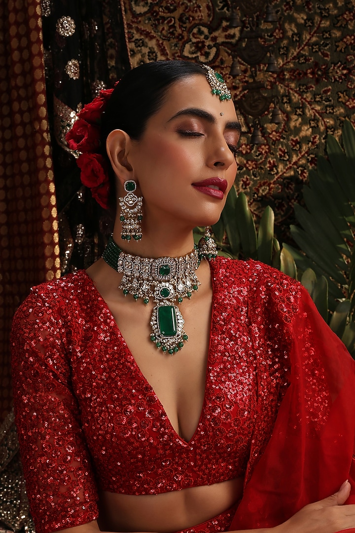 Rose Gold Finish Kundan Polki & Emerald Stone Choker Necklace Set by Swabhimann Jewellery at Pernia's Pop Up Shop